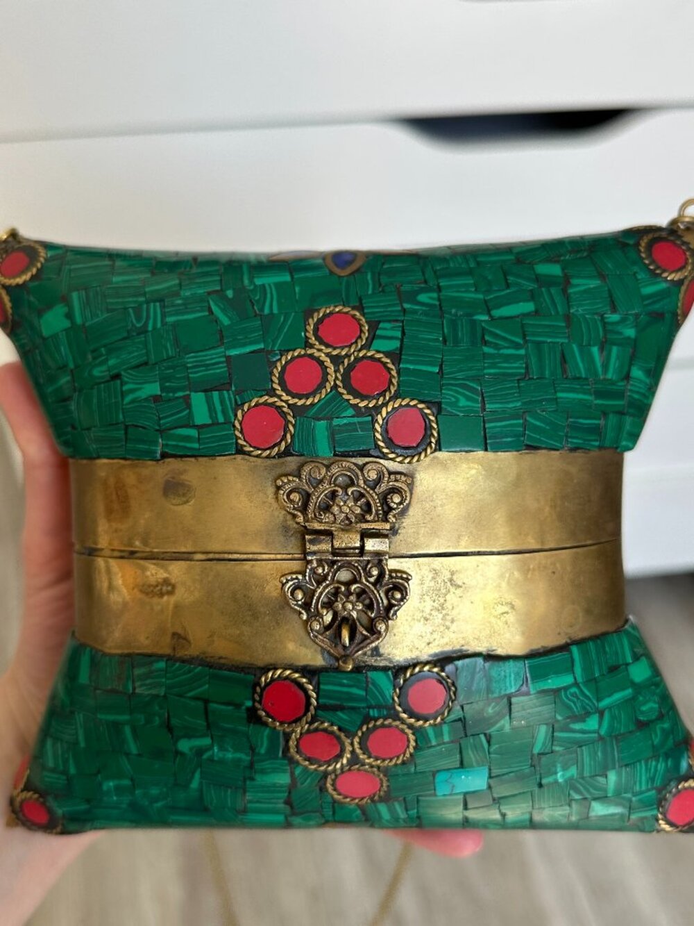 Vintage Green Mosaic Brass Clutch Purse Chain Shoulder Bag Boho Evening Minaudie